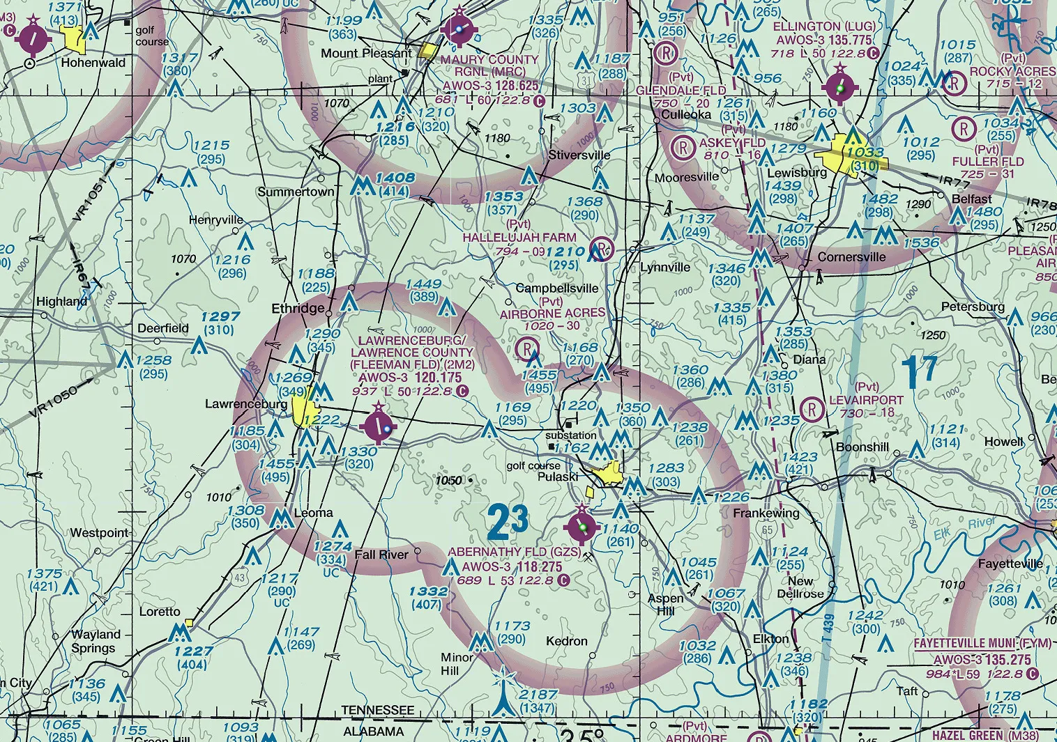 VFR sectional chart excerpt centered on Airborne Acres (94TN), between Lawrenceburg, Pulaski, and Mount Pleasant, Tennessee